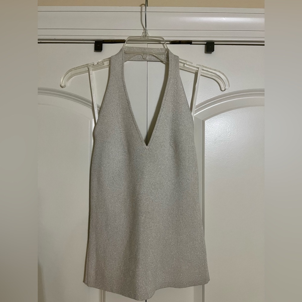 NWT - Garfield and Marks Sparkly Halter Top - MEDIUM - Silver & White